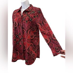 Chico's Red and Black Paisley No Iron Ladies Button Up, Size 1/M